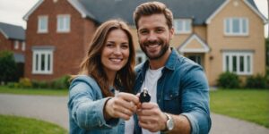 Couple holding house keys in front of new home